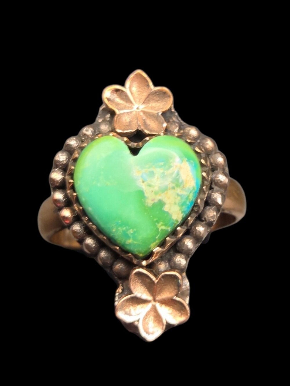 Green Turquoise Heart Stone Floral Ring - Copper Adjustable